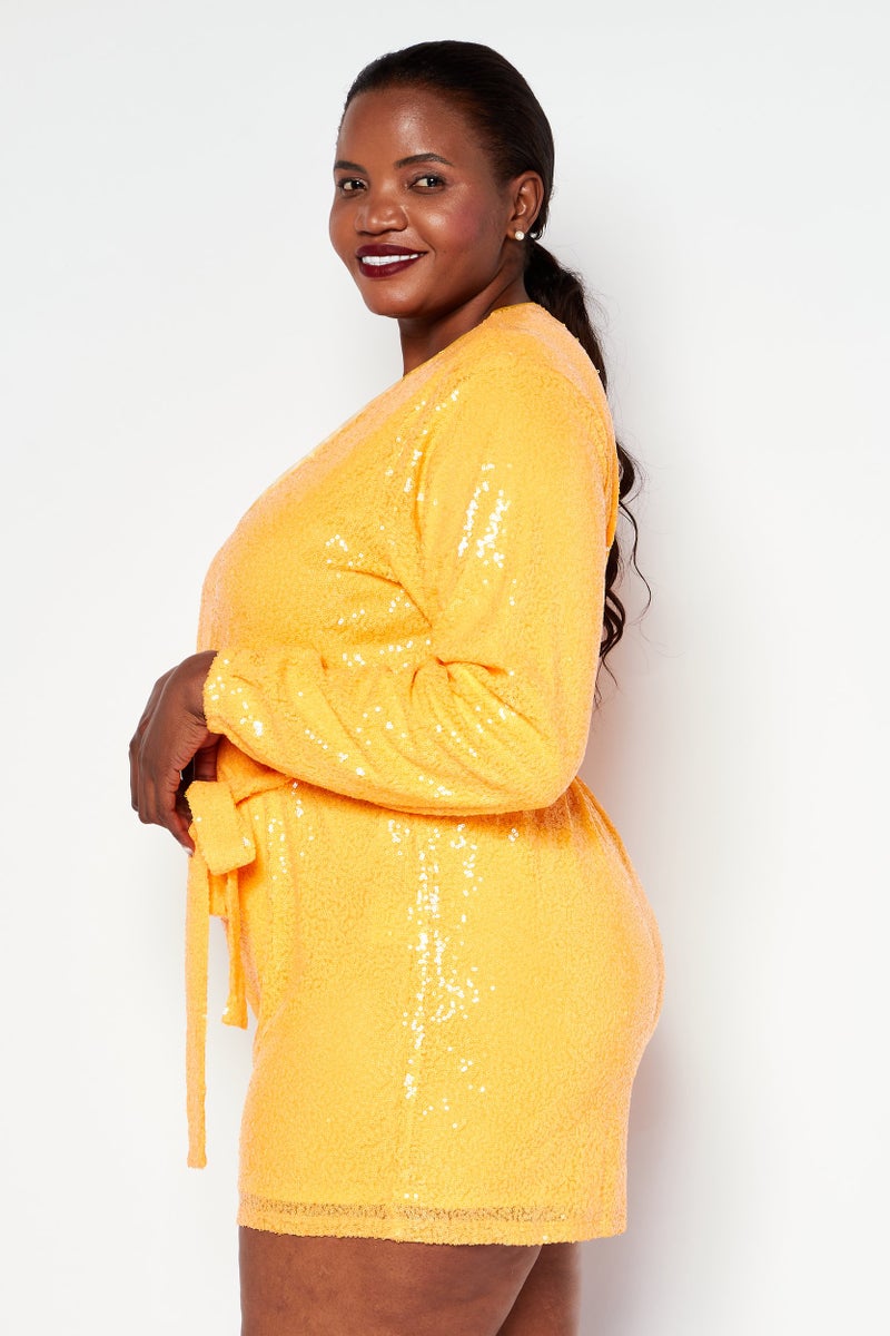 In the style Women Plus Size Embellished Long Sleeve Playsuit, Orange - Image 3